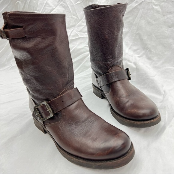 Frye harness buckle strap brown leather mid calf boots moto riding motorcycle 7B - Picture 2 of 16